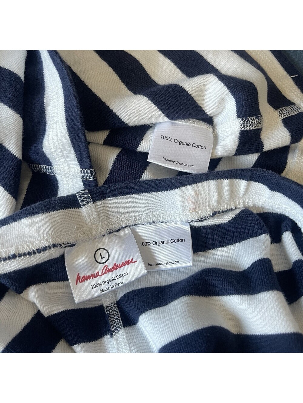 Hanna Andersson Pajama Set L Blue White Striped 100% Organic Cotton Peru Sleep - Picture 5 of 10